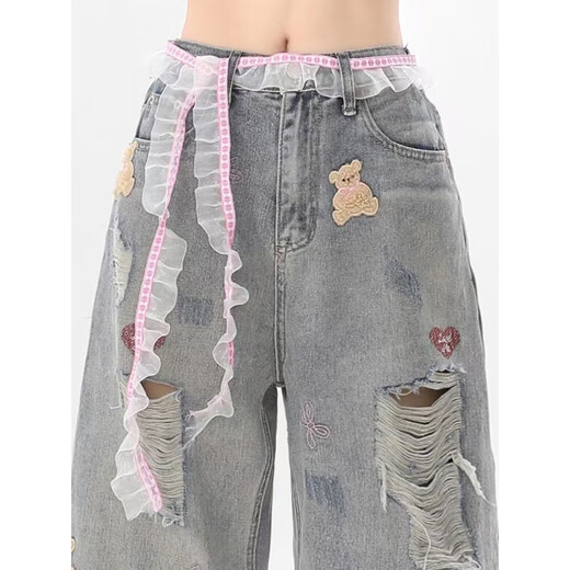 Washed and used ripped bear embroidered high-quality jeans 2025 new high-waist loose wide-leg cropped pants Light blue (high-quality quality) 2XL