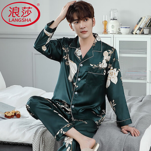 Langsha Luxury Luxury haut de gamme pyjamas pour hommes Spring and Automne Ice Silk Longyes New Style Chinese Simulate Home Vêtements Spring MDF6627 # L