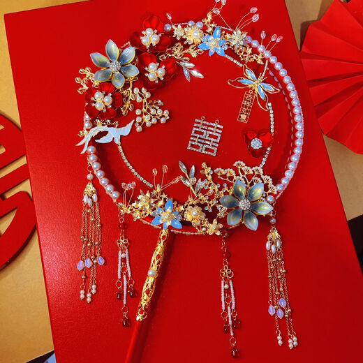 Chinesisches rotes Gold doppelseitig Doppelkreis Runde Lüfter DIY Materialbeutel fertig Produkt Braut Hochzeit Drache Phoenix XiUhe Kleidung Handheld Bouquet Red Make-up/weiße Materialtasche
