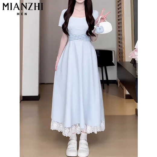 
Cotton French lace splicing dress for women in summer 2025 new dopamine temperament square collar fashion waist long skirt 4059 light blue [high quality 52.5] L 100-110Jin [Jin equals 0.5 kg]