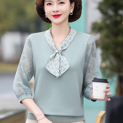 花花公子新款妈妈春装洋气纱袖针织恤薄款打底衫 蓝色6636 2XL (建议125-140斤)