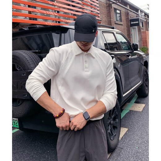 Muwei American heavyweight right shoulder long-sleeved polo shirt for men in autumn new high-end Henry collar versatile and strong casual top light gray XL recommended 130-150Jin Jin equals 0.5 kg