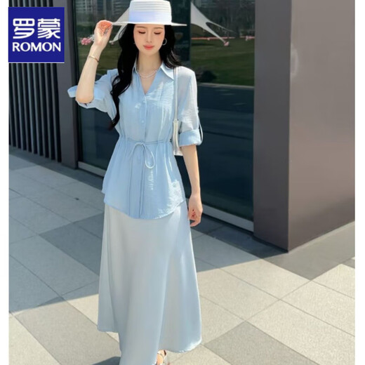 罗蒙绸缎连衣裙两件套女欧洲站2025春夏新款遮肚显瘦天丝收腰衬衫吊带 冰川蓝 套装 L 建议110-140斤