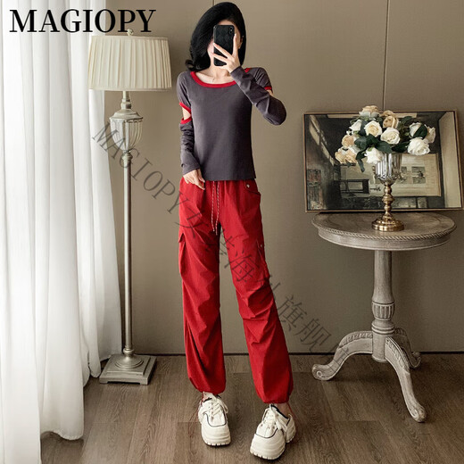 MAGIOPY国际奢侈高档品牌欧货炸街休闲运动套装女2025春季设计感长袖上衣 灰色上衣+红色裤子 S(100斤以内)