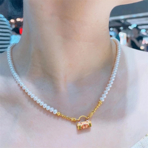 High temperature burning blue 999 pure gold blooming lock bag small gold lock tulip pendant broken gold pearl gold necklace small lock 3g_pendant_pink (width 13mm__ not included