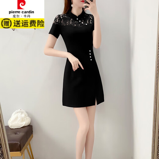 Pierre Cardin plus size summer dress for women slimming belly-covering little black dress for fat mm cheongsam style improved version Chinese style retro slit dress black M recommended 92-103 Jin Jin is equal to 0.5 kg