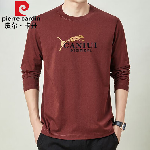 皮尔卡丹（pierre cardin）春秋季男士100%纯棉长袖t恤中年宽松圆领薄款休闲上衣打底T恤衫 【纯棉】子夜蓝JY-6630 XL 175141-155斤