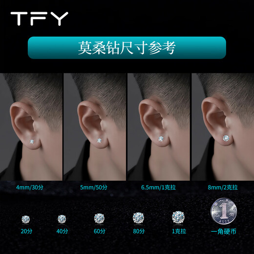 TFY moissanite diamond earrings for men 999 sterling silver single handsome diamond earrings high-end Valentine's Day gift for boyfriend 1 carat 6.5mm moissanite 999 sterling silver single pack