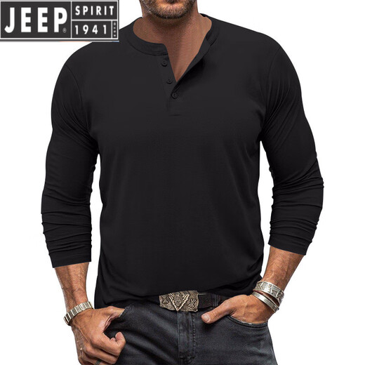 JEEP SPIRIT spring and autumn men's t-shirt American young and middle-aged solid color long-sleeved henley shirt men's simple versatile quick-drying sports T-shirt black XL