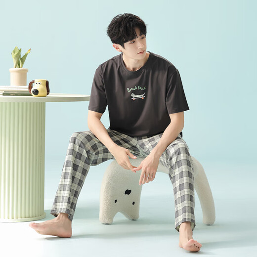 Pure cotton couple pajamas for women antibacterial Xinjiang cotton spring and summer short-sleeved trousers Korean style thin home wear set 5E5141-Men's XL