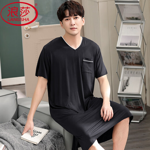 Langsha Men's Nightgown Summer New Style Modal Pyjamas Plus taille à manches courtes en V lâche peut être portée à l'extérieur avec des vêtements de grande taille SMH [844 Gris foncé] M