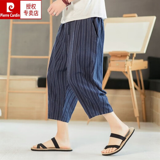 Pierre cardin summer linen striped pants men's seven-point casual pants loose straight pants large size thin cotton linen pants wide-leg harem pants navy blue M 90-115Jin [Jin equals 0.5 kg]