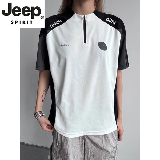 JEEP SPIRIT half-zip contrast stitching jersey short-sleeved men's summer cool quick-drying t-shirt sun protection feather sports cycling jersey white L