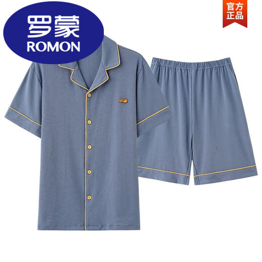 罗蒙（ROMON）睡衣男士夏季纯棉短袖短裤开衫薄款大码纯色休闲家居服套装夏季男 蓝绿色12801【100%纯棉】 L 【建议100-120斤穿】