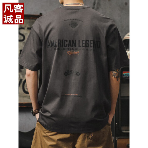 凡客诚品三本针潮牌短袖t恤男夏季宽松大码纯棉体恤美式复古机车印花半袖 HST1518深灰色 M 100-120斤