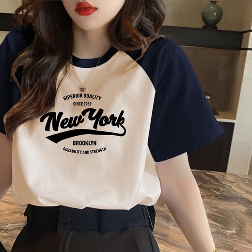 GTYUWVG黑白撞色插肩袖纯棉短袖t恤女2025新款欧货夏季宽松正肩半袖上衣 1585白色/黑色插肩款短袖粉色印 S