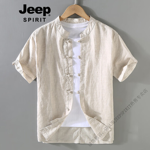 
JEEP SPIRIT retro Chinese style summer linen top Tang suit men stand collar thin short-sleeved cotton linen shirt Chinese button-up shirt 1047 white M