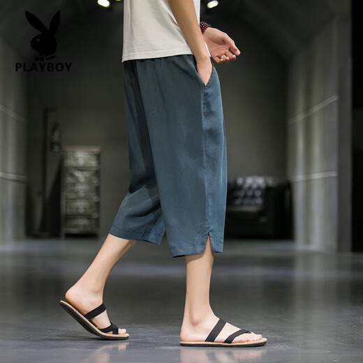 花花公子（PLAYBOY）冰丝七分休闲裤男中国风夏季薄款运动短裤大码宽松哈伦裤垂感裤子 黑色 M 100-115斤