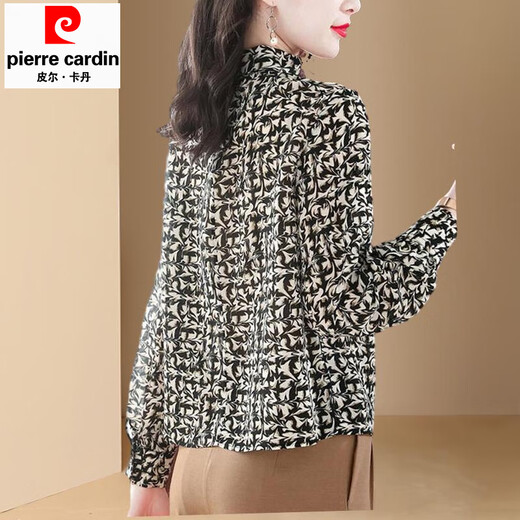 Pierre Cardin Spring 2025 New Spring Autumn Bottoming Top Shirt Chiffon Women's Shirt Spring and Autumn Floral High Neck Color Counter Western Style 3XL