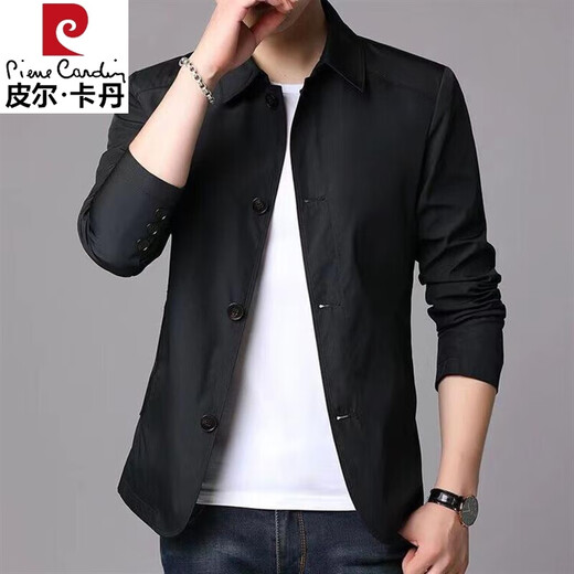 Pierre cardin spring and autumn comfortable men's casual jacket suit middle-aged and young people solid color lapel thin Korean slim windbreaker jacket black 1048 L [recommended 110-130 Jin [Jin equals 0.5 kg]]