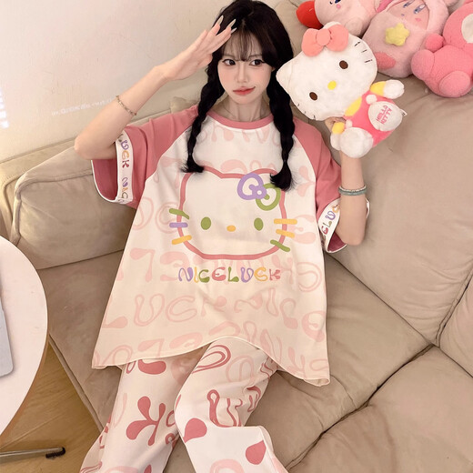 
Junjunsui Dimei pajamas for women in summer 2025 new pure cotton short-sleeved trousers large size cartoon cute student summer home clothing short-length-KAY-88557 L (recommended 90-110Jin [Jin equals 0.5 kg])