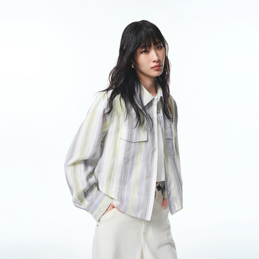 Peacebird [same style in the mall] 25 autumn sea salt milk green striped shirt removable cloak A1CAF3332 Eucalyptus S 155