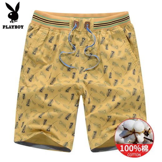 Playboy pure cotton shorts men's summer loose five-point pants Korean style sports and casual cotton men's beach pants big shorts large size khaki plaid 688 XL 112-125Jin [Jin equals 0.5 kg]
