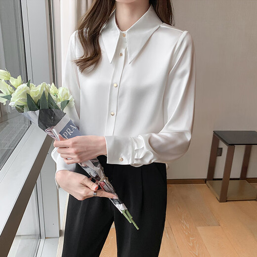 He Jiagong shirt women's acetate satin 2025 spring and autumn style interview formal professional shirt high-end French long-sleeved top white L recommended 100-110Jin Jin equals 0.5 kg