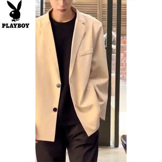 Playboy shoulder pad blazer men's handsome British yuppie men's dk suit jacket cleanfit white off-white upgraded model L (suitable) 115-130Jin Jin equals 0.5 kg