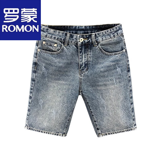 Romon High-End Retro Blue Denim Shorts Men's Summer Modemarke Schöne Casual Fünf-Punkte-Hosen mit 5-Punkte-Medienhosen Blau K844 34 Empfohlen 150-160jin [Jin entspricht 0,5 kg]