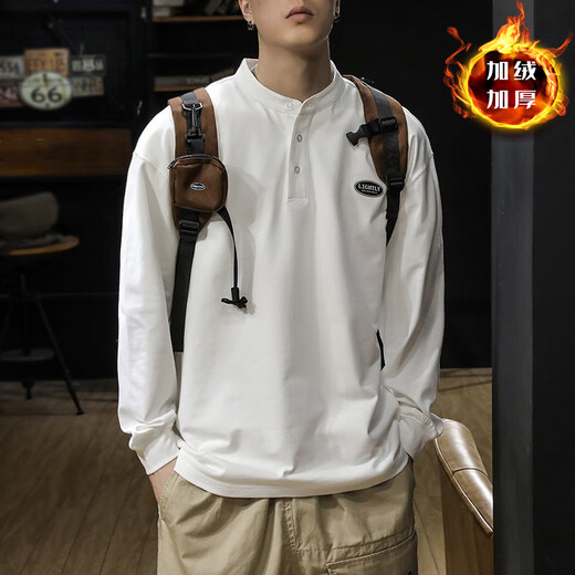 Kuraishi Kazuki Kuraishi Kazuki trendy brand Henry collar polo shirt long-sleeved T-shirt men's spring and autumn new casual loose heavyweight sweatshirt ins white plus velvet XL 145-160Jin Jin is equal to 0.5 kg