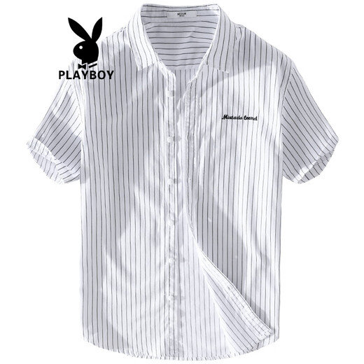 花花公子（PLAYBOY）夏季纯棉日系新款休闲短袖衬衫条纹免烫帅气男士衬衣服 9738浅蓝条纹 M 100斤左右