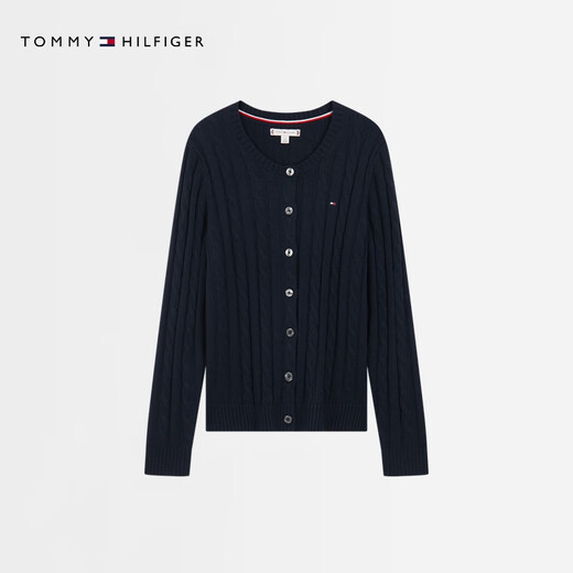 Tommy Hilfiger [Kabeltextur] 25 neue Herbst- und Winter -Streifenpullover für Frauen mit fester Farbe Runde Hals Strickjacke [Kabel -Strickjacke] Marine Blue DW5 XS (Empfohlen: 100 Jin [Jin entspricht 0,5 kg] oder weniger)