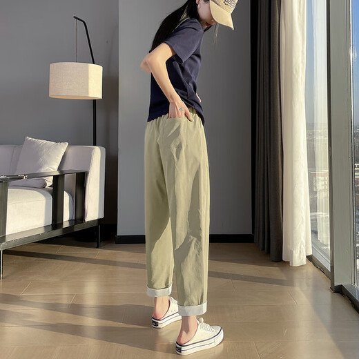 浅紫色冰丝哈伦裤子女2025新款夏季薄款冰丝裤大码显瘦休闲直筒裤 深灰九分 2XL 码 建议130-145斤