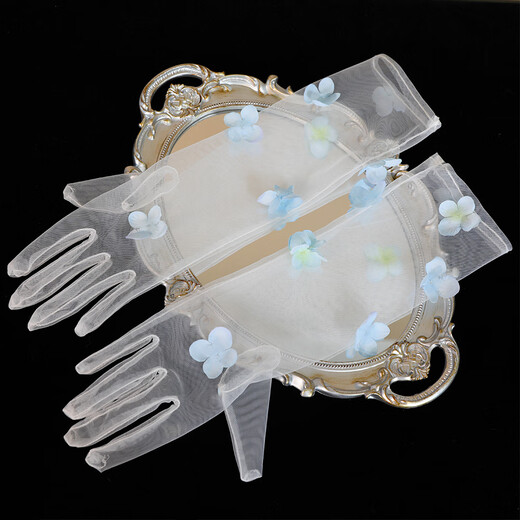 YWZR新娘头饰甜美蓝色花朵飘带发夹仙美结婚礼服发饰婚纱礼服跟妆配饰 手套