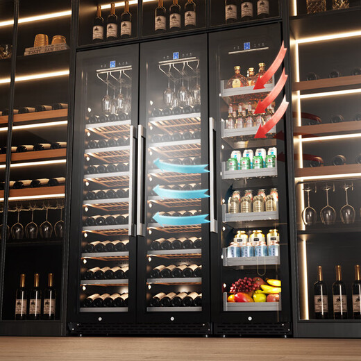 BAIKAILUN wine cabinet, three-door, four-door, large capacity, large size, air-cooled, frost-free, constant temperature and moisturizing, household and commercial, wine and beer ice bar, fresh-keeping refrigerator, seamlessly embedded, 1.9 meters丨three-door combination cabinet丨550 deep 910L fixed frequency