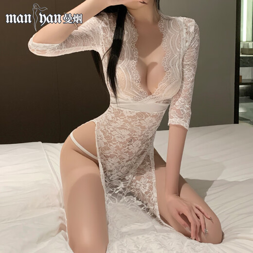 曼烟情趣内衣性感免脱蕾丝秘书睡衣诱惑激情制服战袍套装9766 白【蕾丝开衩长裙】 均码 【建议体重80-120斤】