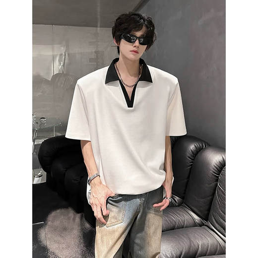 7 high-quality cleanfit shoulder pad short-sleeved T-shirt for men's summer new front-shoulder polo shirt heavy loose half-sleeved top for men WYN-733 gray XL