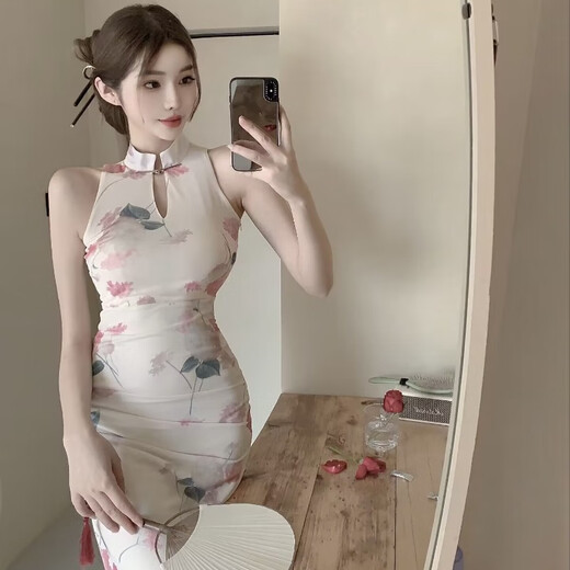 Jin Jiaoli halter neck dress pure desire dress summer new Chinese style royal sister improved cheongsam women's spring new mesh gauze high 6197 white background lotus young girl/high-end S