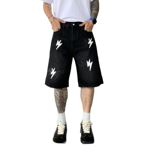 American haut de gamme en cuir haut de gamme Denim shorts de créneau d'été masculin Design Sense High Street Handsome Straight Six-Point Mid-Pants Black-Black 1392-1 S