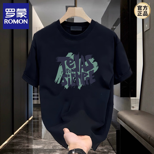罗蒙（ROMON）美式痞帅重磅纯棉印花短袖轻奢T恤男士夏季潮牌街头宽松圆领半袖 黑色K854 TEJAS2024新款/t恤男/ M 建议100-120斤