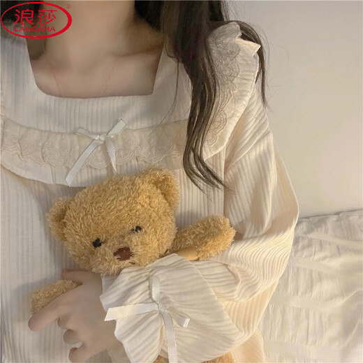 Langsha Pyjamas (Langsha) Frauen Frühlings- und Herbst-Spitzen-Spitzen-Lace Casual Princess Style Bow 2025 Neues Ins Girls 'Home Clothing Set 1105 Butterfly Spitzenkragen [Langarmanzug] M 70-95jin [Jin gleich 0,5 kg]