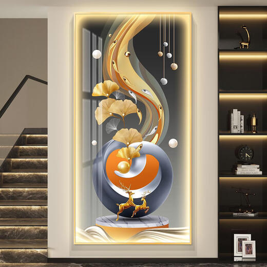 语森忆鸿运当头轻奢led带灯入户玄关装饰画走廊过道挂画简约现代感 CN-6296-鸿运当头 100*200尊贵黑色边框智能直插le