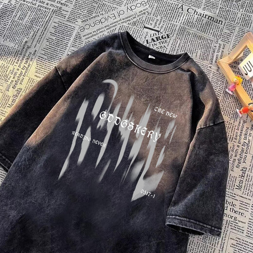 American High Street Trendy Marke kurzärmeligte T-Shirt Herren Sommer Retro Trendy Casual Waschen Old Halfärmel Nische hübsches T-Shirt [reines Baumwollwaschen] X1381-Black 4xl