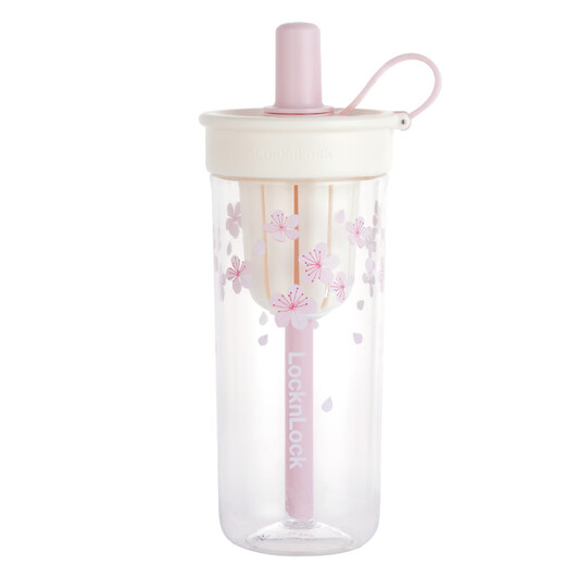 LOCK&LOCK Sakura Straw Milk Tea Cup Summer Plastic Water Cup Outdoor Portable Handle Water Cup 720mL White