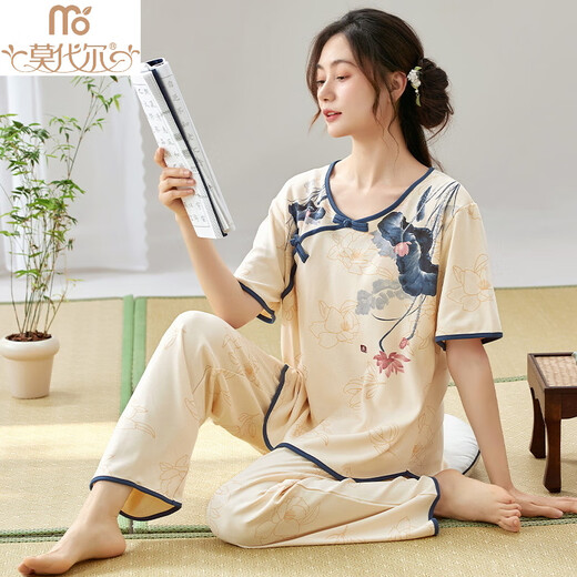 Madallo women's short-sleeved pajamas set for summer thin trousers in summer new Chinese style cotton home clothes can be worn outside LZY9905 M (recommended 75-95Jin [Jin equals 0.5 kg])