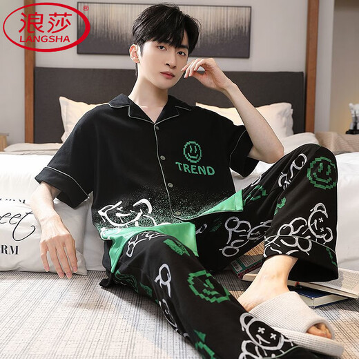 浪莎（LangSha）睡衣男夏季薄款纯棉短袖长裤青少年初中学生春秋款夏天家居服套装 透气纯棉688 2XL