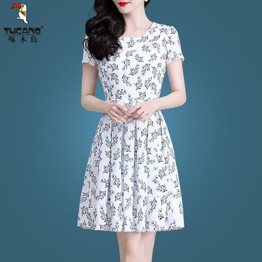 啄木鸟冰丝连衣裙2025新款高档女装气质减龄短袖中年妈妈夏季裙子女夏 冰丝9902裙 M 100斤内