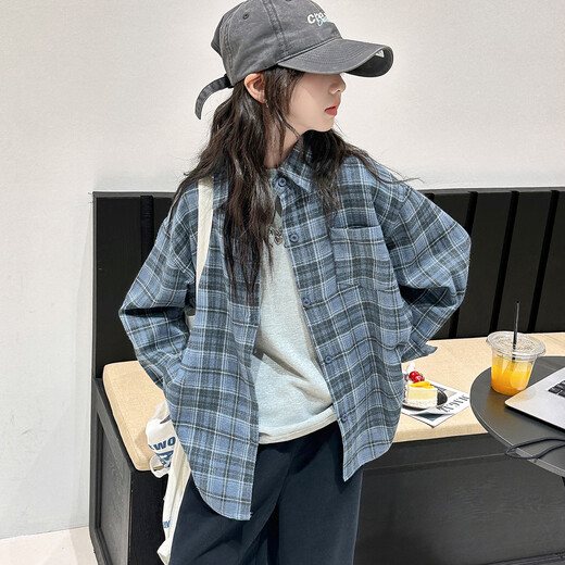 THINKPIRE Girls' Shirt Long Sleeve Children's Plaid Shirt Jacket 2026 New Girls Spring Clothes Fashionable Children's Clothes Thin Top Blue Size 150 Recommended Height 145CM