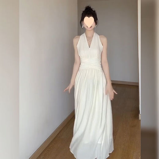 French style white sleeveless halterneck v-neck dress in shimmer for women 2025 new summer style, beautiful waist slimming long skirt, halterneck waist dress, off-white S